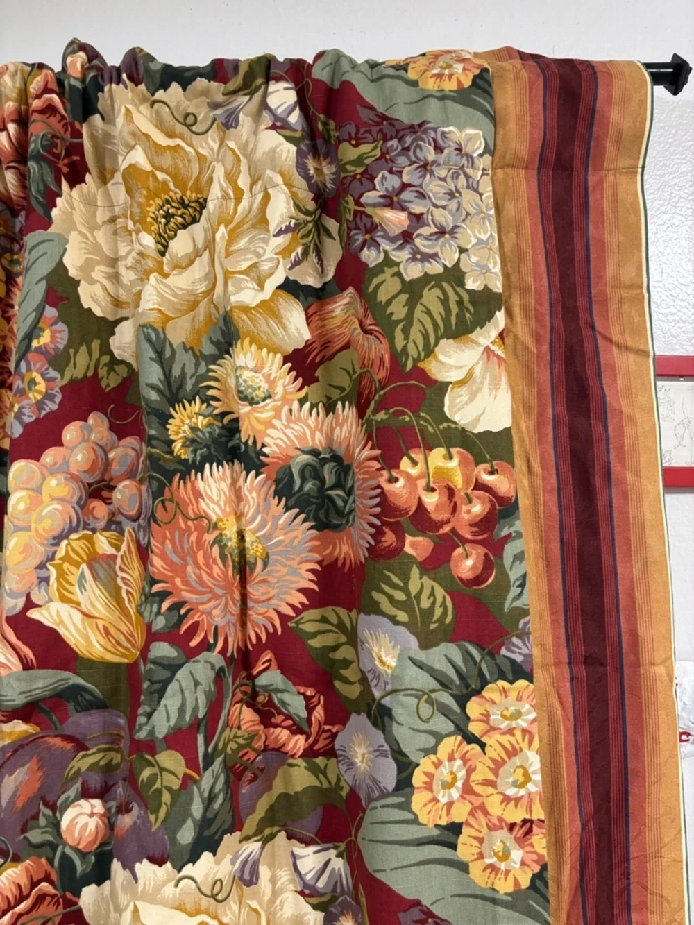 Vintage Floral Botanical Curtain Panels Drapes with striped edges
